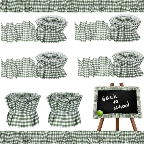 Thiccywoov 6 Rolls 2.5" x 95" Ruffled Bulletin Board Borders for Gingham Farmhouse Decor Bulletin Board Border DIY Border Trims Crafts for Office Home Wall Decor (Gingham,Sage Green)