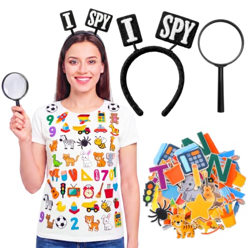 Thiccywoov I Spy Costume Set Includes 1 I Spy Headband, 1 Magnifying Glass and 50 Pcs Self Adhesive Felt Book Character Costume Accessory for First Day of School Reading Party Supplies