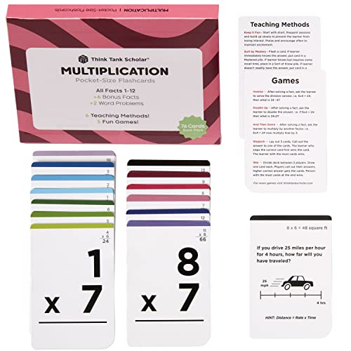 Think Tank Scholar Multiplication Flash Cards (150 Facts) Times Tables Flashcards - All Facts 1-12 for Kids in 3rd, 4th, 5th, 6th Grade - 6 Math Games & Teaching Methods for Classroom/Homeschool