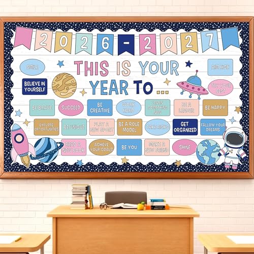 This is Your Year Bulletin Board Set Outer Space Galaxy Welcome Back to School Classroom Bulletin Board Inspirational Planet Astronaut Rocket Cutouts for School Chalkboard Wall Door Decor Supply
