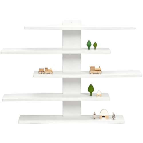 THNIOI 5 Tier Wall Shelf, White Wood Knick Knack Shelf, Floating Shelves for Wall, Asymmetric 14.6 x 14.6 x 2.4 in Display Rack for Toys, Figurines, Collectibles, Bedroom, Nursery, Playroom Decor