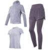 Three Piece Workout Sets for Women, 3 Piece Yoga Sets with Short Sleeve Top, Lavender Shorts and Leggings, Seamless Polyester Spandex, XXL Size, Ideal for All Exercise Routines and Daily Wear