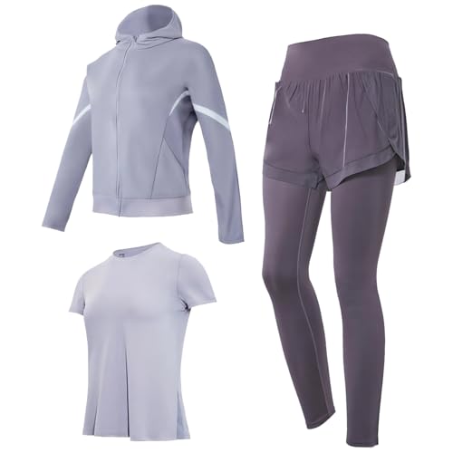 Three Piece Workout Sets for Women, 3 Piece Yoga Sets with Short Sleeve Top, Lavender Shorts and Leggings, Seamless Polyester Spandex, XXL Size, Ideal for All Exercise Routines and Daily Wear