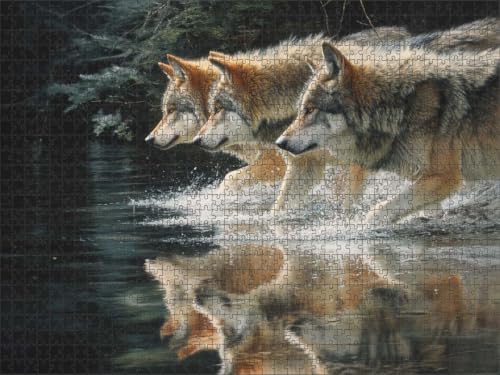 Three Wolves Running in Water Realistic Wildlife Art Painting Wooden Jigsaw Puzzle 1000 Pieces for Adults Forest River Reflection Wild Animals Nature Scenery Family Game Night Gift Animal Lovers