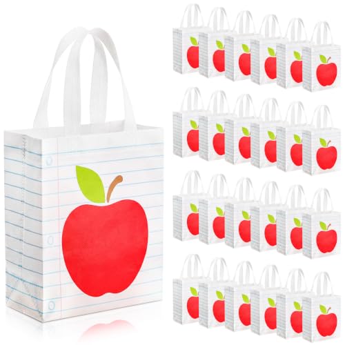 Threlaco 30 Pcs Back to School Gift Bags Bulk Reusable Teacher Appreciation Gift Tote Colorful Nonwoven Apple Notebook Line Bag with Handle for First Day of School Party 10 x 8 x 4 Inch
