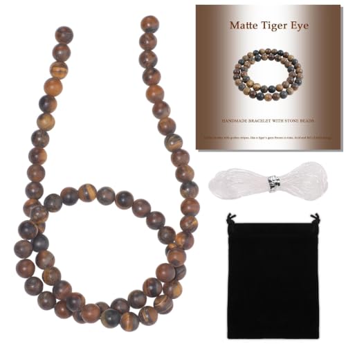 THRELE 6mm Matte Classic Tiger Eye Bead,15-Inch Matte Round Loose Stone Beads with Cord, Bag & Card, Assorted Natural Gemstone Beads for Jewelry Making, Bracelet Crafting Gifts(Approx.60 pcs)