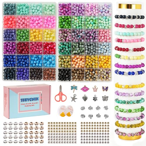 Thryonix Glass Beads, 1300pcs 48 Colors 8mm Round Crafts Beads for Bracelet Jewelry Making, Beadwork,Craft Supplies for Gifts & DIY Projects