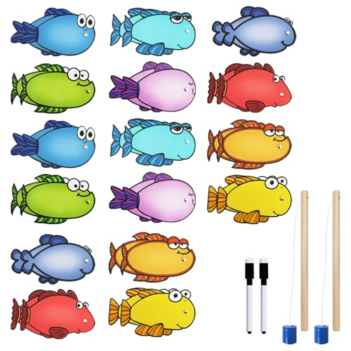 Thryvomniq Fishing Game Set 32 Reusable Dry Erase Fish Cards with 2 Blue Tip Wooden Fishing Rods and 2 Markers Laminated Cardstock Matching Activity for Classroom Home and Party Use