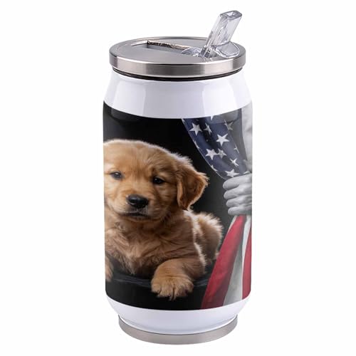 T&H XHome Loyal Pet 14oz Stainless Steel Tumbler with Lid & Straw-Double Wall Vacuum Insulated Travel Mug Rustic Americana Patriotic Retriever Water Bottle Coffee Beverage Drinks Cup