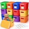 Thyle 12 Pack Colorful Plastic Storage Bins with Lids 7 Quart Vibrant Colored Toy Storage Box Stackable Nestable Organizer Box with Handle and Label for Classroom Shelf Bedroom Desktop School Supplies