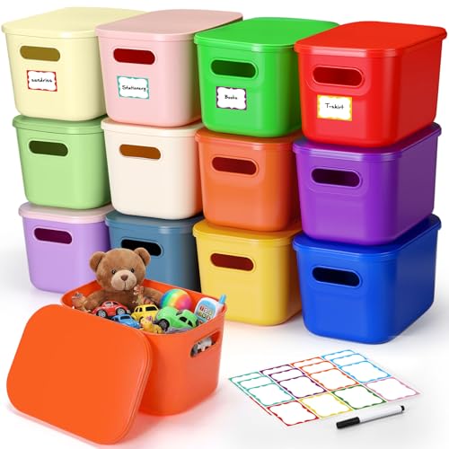 Thyle 24 Pack Richly Colorful Plastic Storage Bins with Lids 7 Quart Toy Storage Box Stackable Nestable Organizer Boxes with Handle and Labels for Classroom Shelf Bedroom Desktop Toys School Supplies