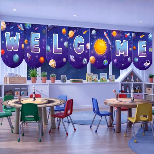 Tiamon 7 Pcs Space Classroom Curtains Back to School Welcome Window Valance Curtains, Planet Rocket Classroom Decorations for Kindergarten Daycare Preschool Playroom, 36 x 24 Inch Polyester Panels