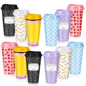 Tiangrid 12 Pcs Back to School Plastic Cups for Party with Lid 16 oz Teacher Appreciation Plastic Coffee Tumbler Gift Classroom Drink Bottles Containers for Juices Beverage Coworker Staff Events