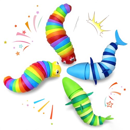 TIANTAIYUE Fidget Slug Toys, Sensory Slug Fidget Toy for Kids and Adults, 4Pcs Rainbow Worm Stress Relief Toy, Child-Friendly, Anti-Anxiety Autism Sensory Toy, Essential Travel Toys for Toddlers