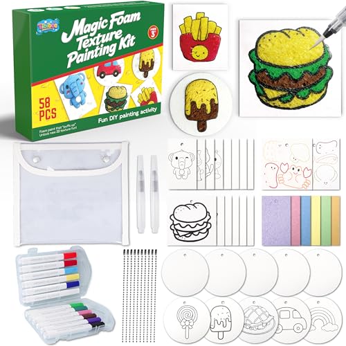 Tibibee 58 Pcs Magic Foam Texture Painting Kit, Magic Puffy Paint Kit–32 Pcs Foam Texture Paper, 12 Acrylic Markers, Magical 3D Effect Texture DIY Painting Set, Great Gifts for Kids Ages 3–8