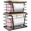 TIDIIABODE 2 Pack Stackable Storage Laundry Kitchen Organizers, Wall Mount Trash Bag Holder with Bamboo Top and Garbage Bag Dispenser No Drill