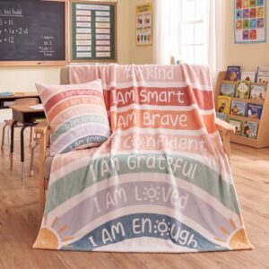 Tigeen 2 Pcs Kids Reading Corner Rainbow Affirmations Blanket Pillow Cover Back to School Boho Classroom Decor for School Cozy Corner Nursery Toddler Room Playroom