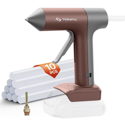 Tilswall 100W Cordless Hot Glue Gun, Compatible with DeWalt 18V/20V Batteries, Battery Not Included, 90s Fast Preheating, with 10PCS 0.43'' Glue Sticks for DIY Crafting and Home Repair, Brown