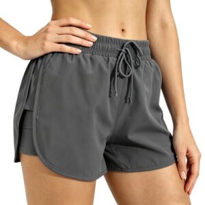 TIMEPAY Women Running Shorts Quick Dry Workout Gym Shorts High Waist 2 in 1 Athletic Shorts with Liner Pockets Dark Grey