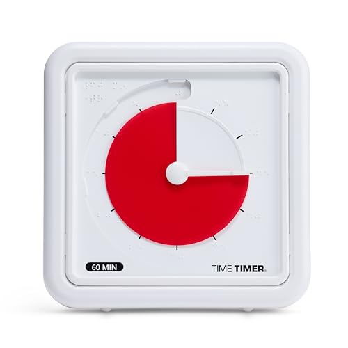 Time Timer® Numberless Braille 8-Inch Visual Timer – 60-Minute Countdown Silent Clock with Tactile Features & High-Contrast Disappearing Disk, Desk Timer for Kids, Office, Seniors, ADHD, Autism - Red