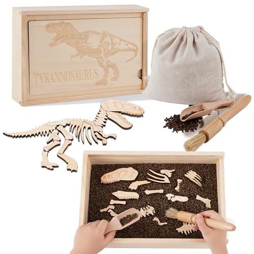 Timfuis Dino Excavation Archaeology Dig Kit, Fossil Digging Kit for Kids, Dinosaur Skeletons Bones Puzzle Game with Wooden Storage Box, STEM Toys for Boys and Girls (Tyrannosaurus)