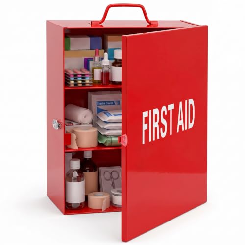 Timgle 1 Pcs First Aid Kit with Lock 3 Shelf Wall Mount Medicine Cabinet with Key Lock Handle Locking Medical Cabinet Lightweight Medium Wall Organizer Steel Storage Box for Business Worksite (Red)