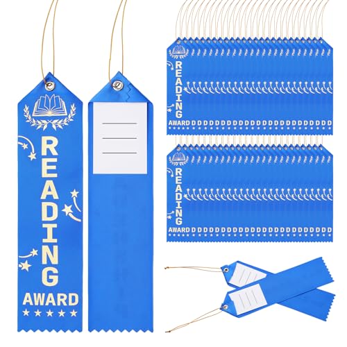 Tingjoo 50 Pcs Reading Award Ribbons 8 x 2 Inches Reading Ribbons Bulk with Event Card and Rope Participation Award Prize for Competitions Classroom Activities Sports Event Employee
