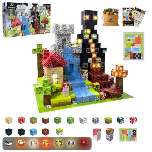 Tinkzee 200 PCS Magnetic Building Blocks Set with 15 LED Light-Up Blocks, Replaceable Batteries, Foldable Magnetic Board, STEM Magnetic Cube Construction Sets Toy for Kids Ages 3+