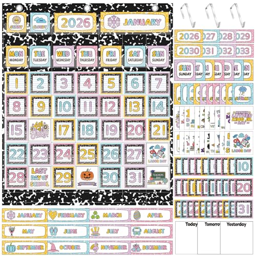 Tinlade Oxford Fabric Classroom Calendar Pocket Chart Set with 115 Colorful Cards 24 x 28 Inch Calendar Bulletin Board Pocket 2026-2033 Festival Weather Teacher Supplies for Homeschool Wall Decoration
