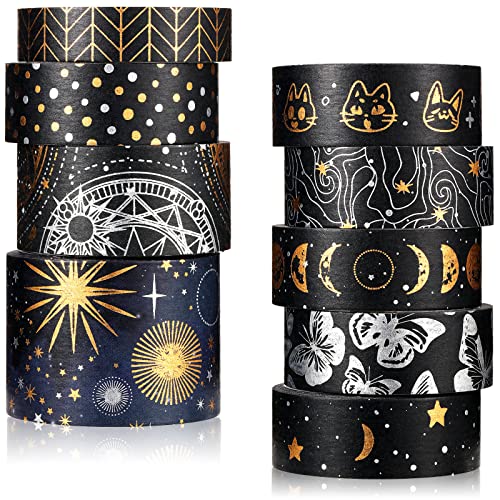 Tinlade Vintage Book Washi Tape Set 9 Rolls Gothic Silver Gold Pattern Foil Masking Tape Butterfly Star Moon Aesthetic Decorative for Arts, Book, DIY Crafts and Gift Wrapping