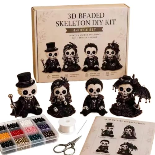 Tiny 3D Beaded Skull DIY Kit for Adults Beginners – Cute Handmade Skeleton DIY Craft Set, 4 Skull Designs, Beading Embroidery Kits,Creative Stress Relief Home Desk Decor Gifts for Beginners(Colorful)