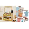 Tiny Land Wooden Play Store & 17Pcs Toy Coffee Maker Playset – 2-in-1 Montessori Pretend Grocery & Wooden Coffee Maker Toys Bundle, Role Play Farmers Market with Cash Register, Wooden Fruits & Veggies