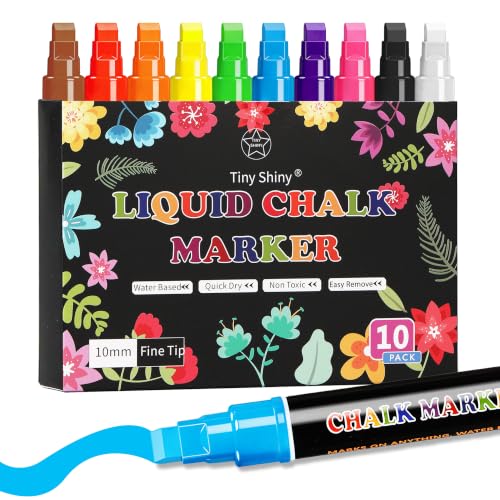 Tiny Shiny Liquid Chalk Markers, 10mm Jumbo 3-in-1 Nib Window Chalk Markers, Washable Chalkboard Markers for Glass, Windows, Blackboards, Mirrors, Bistro Signage, and DIY Art Crafts