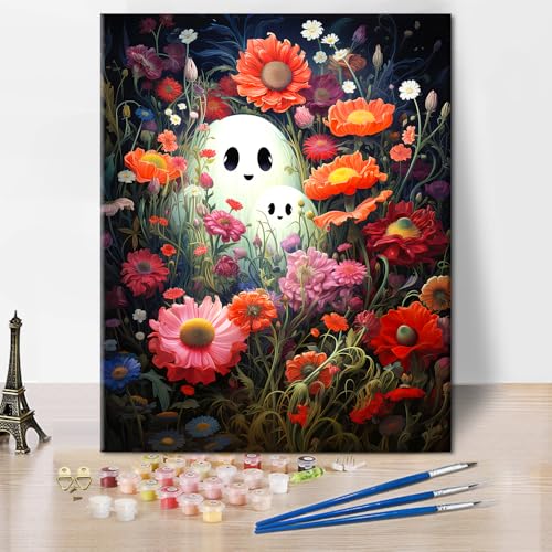 TISHIRON DIY Paint by Number Kits for Adults Beginner,Cute Halloween Ghost in a Field of Flowers Painting Ethereal Specters Amidst a Field of Blooming Delight Crafts for Wall Decor 40x50cm