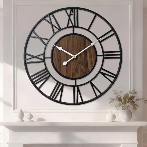 Tixmtry Large Metal Wall Clock, 30 Inch Retro Decorative Silent, Non Ticking, Battery Operated Modern Big Wood Wall Clock for Living Room, Farmhouse, Bedroom, Fireplace, Kitchen, Office, Home Decor