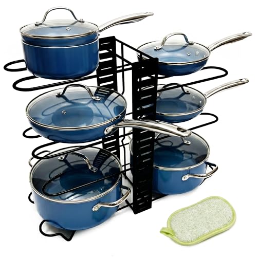 TMiT Pots and Pans Organizer Rack – Adjustable 8 Tier Pan Organizer for Cabinet, Heavy Duty Cookware Storage Rack, Pot Lid Holder, Kitchen Cabinet Organizer for Pots, Pans & Lids