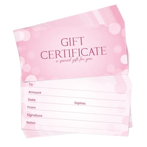 TNKBREEZE 40 Sets Pink Gift Certificates with Envelopes Business Blank Gift Cards Glitter Effect Generic Fill-in Vouchers Coupon Card for Restaurant Beauty Salon Birthday Wedding 6.6x3.3in