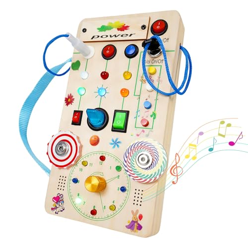 TNYI Montessori Wooden Busy Board with LED Light Up Switches & Music and Spinning Top, Toddler Sensory Educational Fidget Board, for 1+ Year Old Baby and Toddler