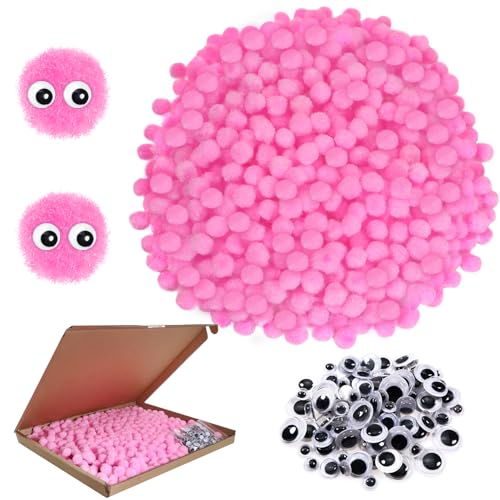 TOAOB 500pcs Pom Poms 1cm Craft Pom Poms Light Pink Fuzzy Pompoms Balls Arts and Crafts Supplies with Googly Wiggle Eyes for DIY Crafts Projects Home Decorations