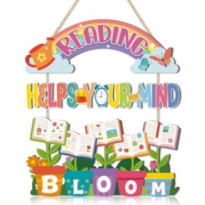 TOARTi Reading Corner Classroom Inspirational Door Sign Hanging (11.4''x13''), Reading Encouragement Wood Wall Decor, Vibrant Book & Flower Themed Wall Decoration for Library & Classroom