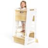 Toddler Standing Stool with Sliding Door for Safe Climbing, 3-Height Adjustable Kitchen Step Stool, Wooden Learning Tower for Kids, Non-Slip Feet