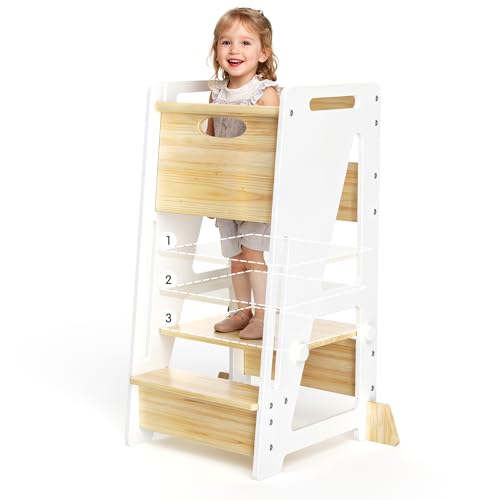 Toddler Standing Stool with Sliding Door for Safe Climbing, 3-Height Adjustable Kitchen Step Stool, Wooden Learning Tower for Kids, Non-Slip Feet