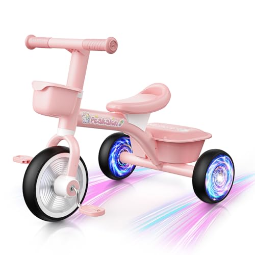Toddler Tricycle for 1-3 3-5 Years Old Boys Girls, Spider Colorful Lighting Toddler Bike with Adjustable Seat & Removable Basket, Idea Birthday Gift and Toy for Age 1 2 3 4 5 Kids Outdoor Balance