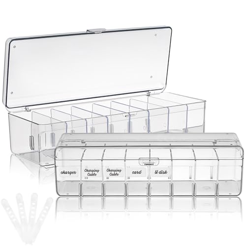 Toddmomy Cable Organizer Boxes and 20 Ties 2 Pcs with Label Stickers Plastic Cord Storage Organizer and Desktop Cable Management, Versatile Use for Phone Cords for Home and Office