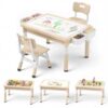 Todecare Kids Table and 2 Chairs, 4 in 1 Height-Adjustable Activity Desk with Reversible Graffiti/Block-Building Tabletop, 4 Storage Bins, Toddler Table and Chair Set for Boys&Girls Ages 3-8 (Khaki)
