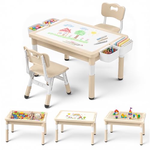 Todecare Kids Table and 2 Chairs, 4 in 1 Height-Adjustable Activity Desk with Reversible Graffiti/Block-Building Tabletop, 4 Storage Bins, Toddler Table and Chair Set for Boys&Girls Ages 3-8 (Khaki)