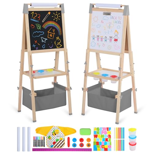 TODEFULL 3 in 1 Adjustable Kids Art Easel Set, Dual-Sided Wooden Art Station w/Magnetic Whiteboard, Chalkboard & Paper Roll, Height Adjustable Standing Painting Easel for Toddlers Ages 3+