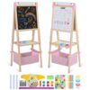 TODEFULL 3 in 1 Adjustable Kids Art Easel Set, Dual-Sided Wooden Art Station w/Magnetic Whiteboard, Chalkboard & Paper Roll, Height Adjustable Standing Painting Easel for Toddlers Ages 3+ (Pink)
