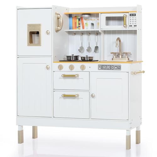 TODEFULL Play Kitchen for Kids, Wooden Kids Kitchen Playset with Realistic Sounds, Children Pretend Toy Kitchen Playset w/Stove, Oven & Ice Maker, Little Chef Play Kitchen for Girls and Boys, White