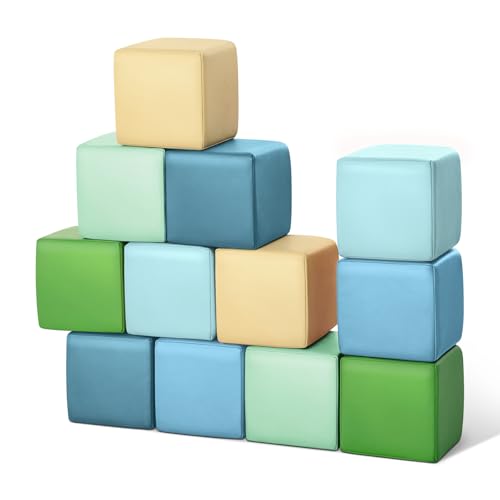 Todiby Foam Building Blocks for Toddlers:12-Pieces Wipeable Leather Stacking Cubes Kids - Large Soft Toys Play Set for Learning Construction Baby Preschool Daycare Therapy Birthday Gift (Yellow Green)